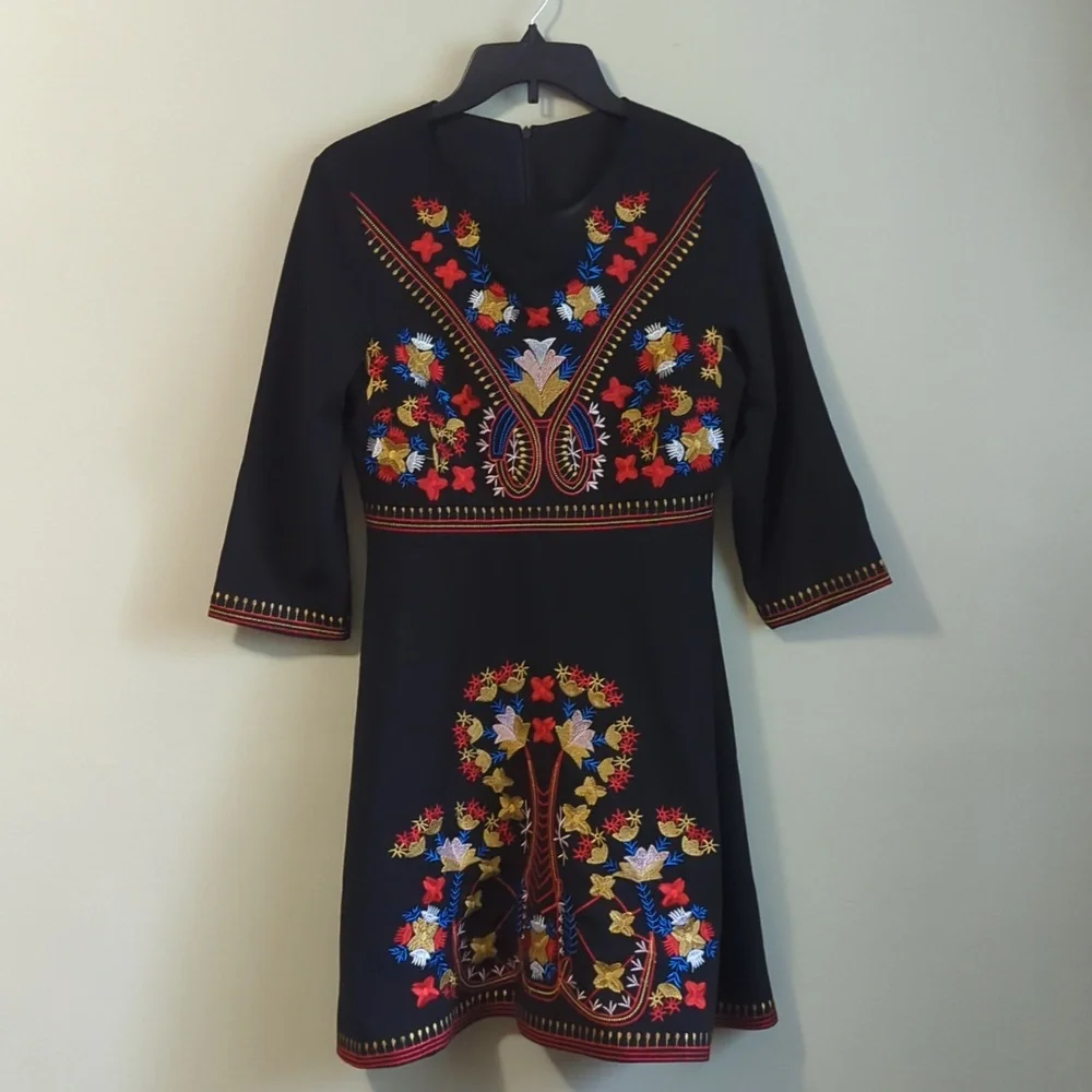 Five Cats Colorful Embroidered Black Dress - Size: S - Lai Meng - Picture 1 of 5